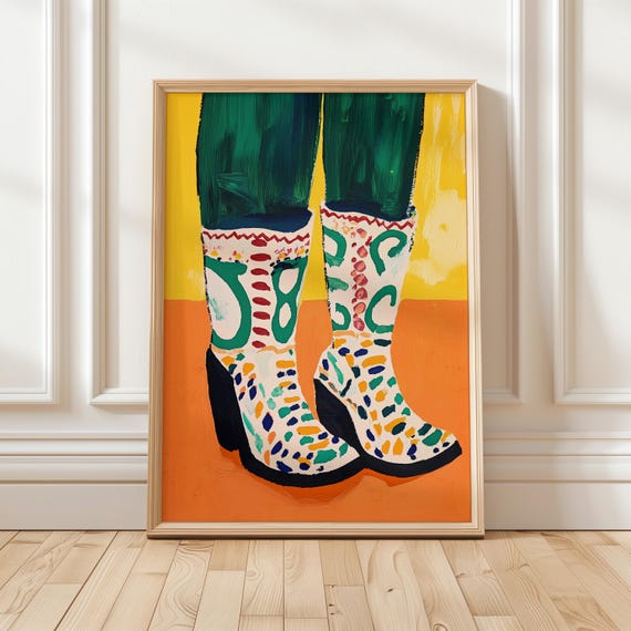 Bold Colorful Boots Art Print Whimsical Fashion Illustration Vibrant Cowboy Boots Print Modern Boho Wall Art Eclectic Playful Home Design