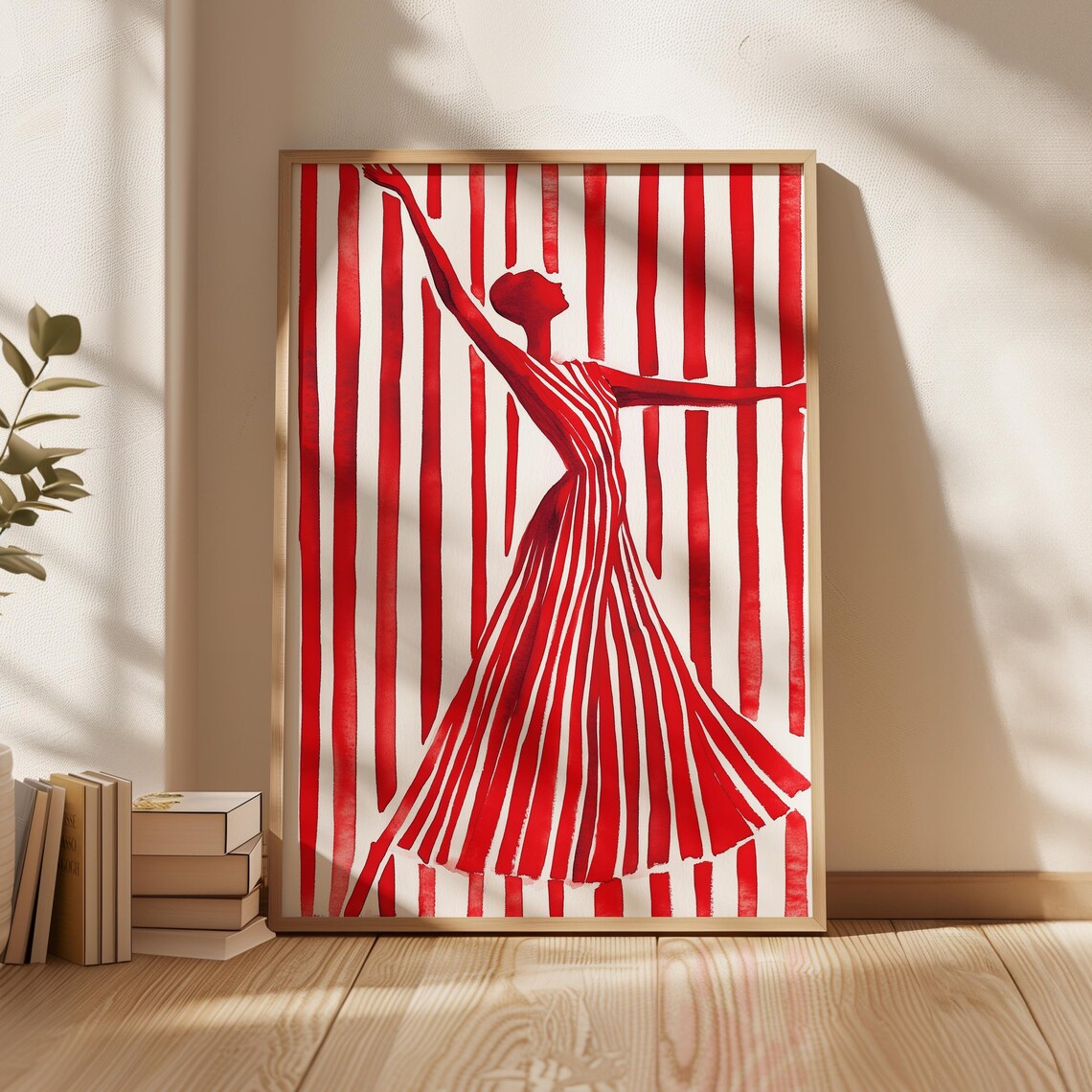 Red Striped Dress Art Print, Minimalist Fashion Silhouette