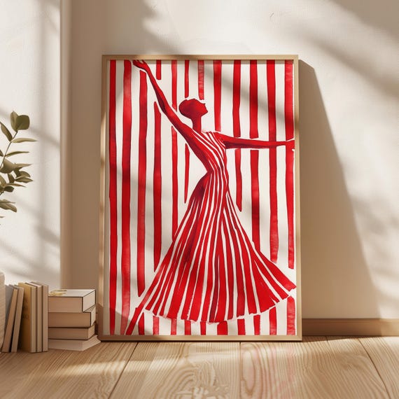 Red Striped Dress Art Print, Minimalist Fashion Silhouette