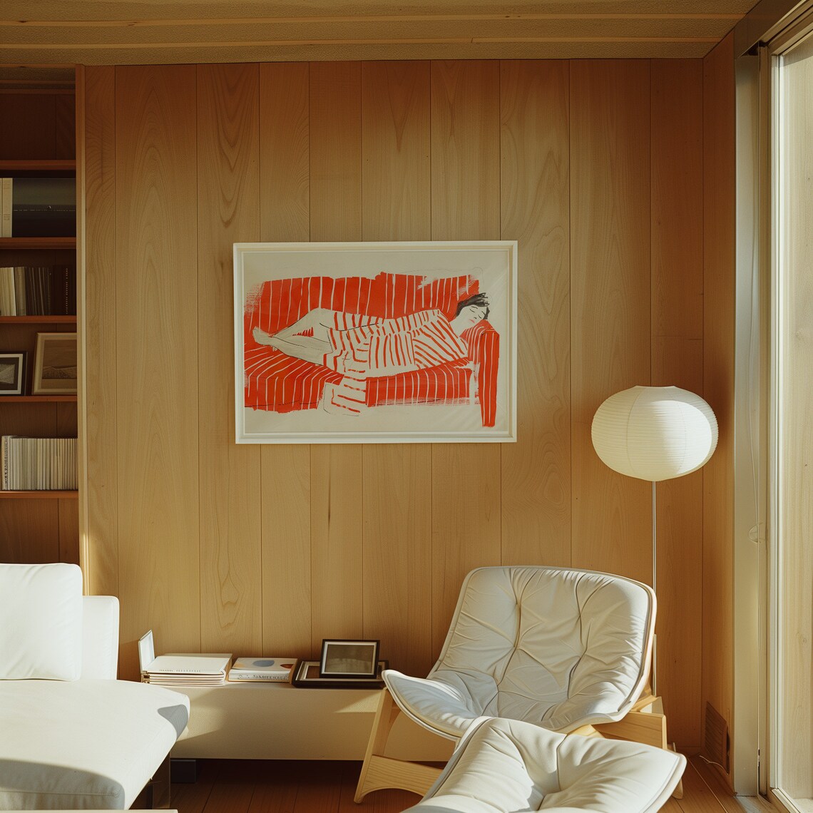 Woman Reclining Red Striped Sofa Bold Fashion Illustration Art Poster - Image 4