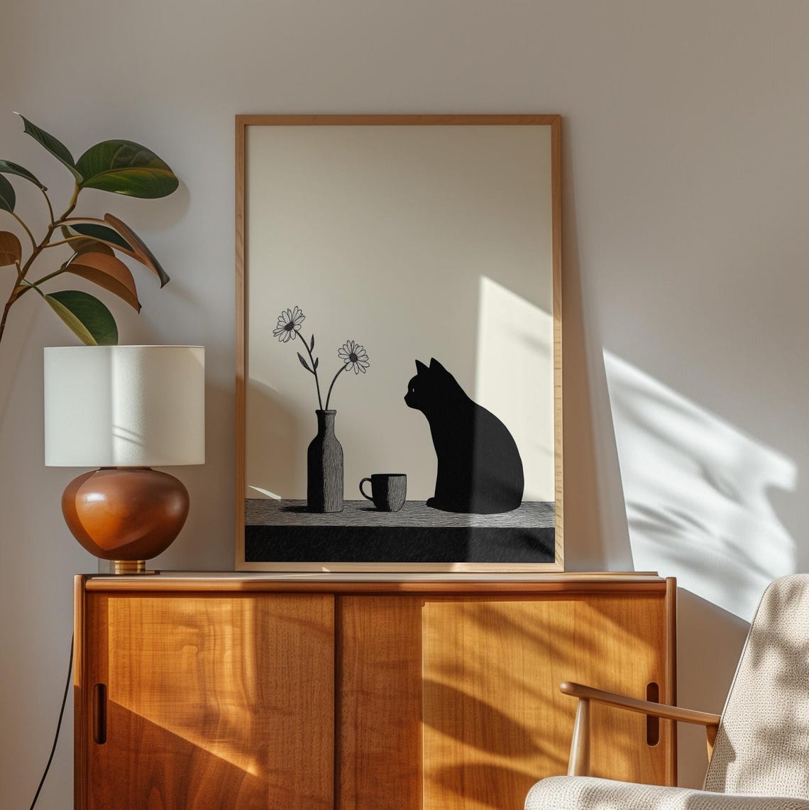 Black Cat Silhouette with Daisies and Mug Minimalist Cat Poster - Image 3