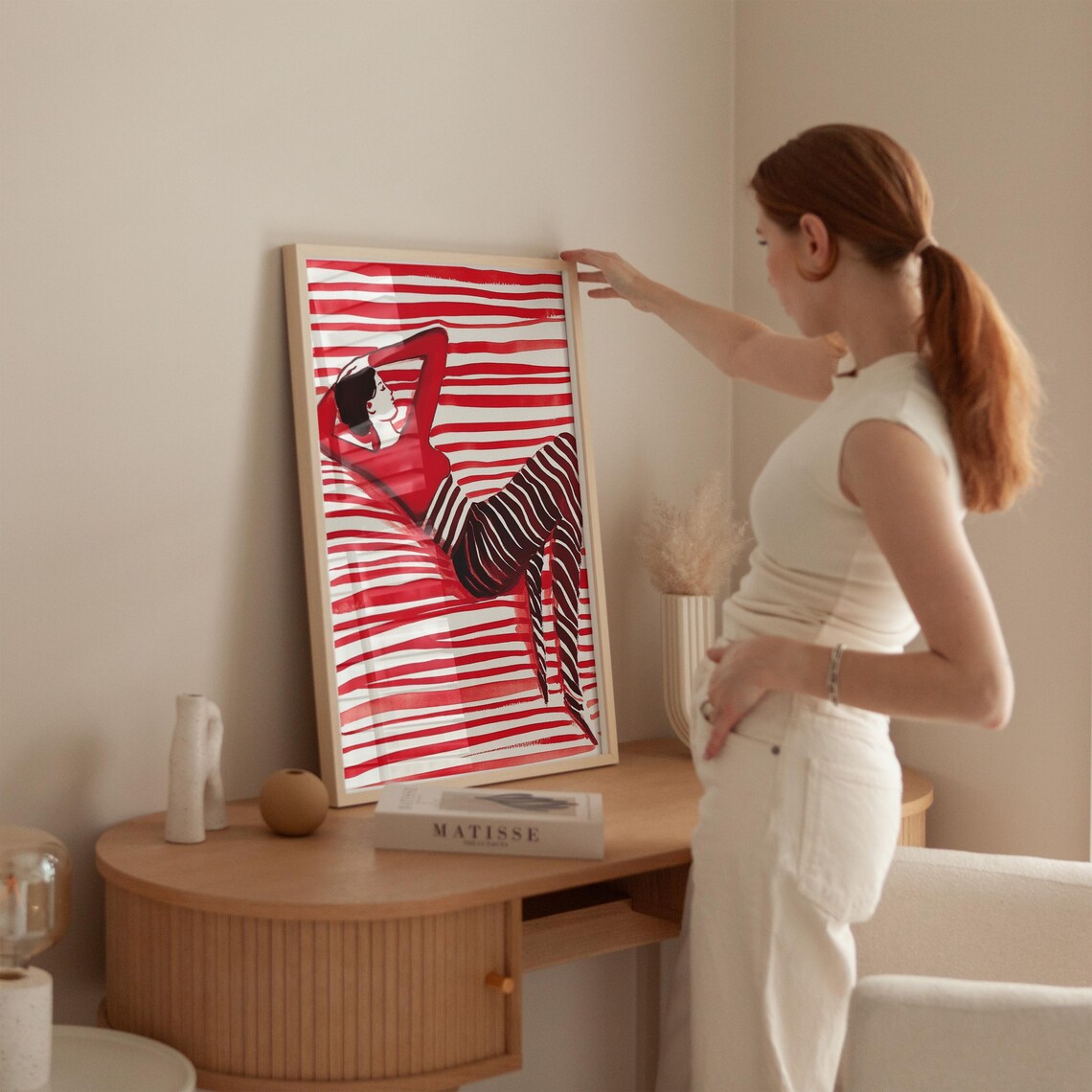 Red Striped Woman Lounging on Striped Bed Holiday Festive Poster - Image 4