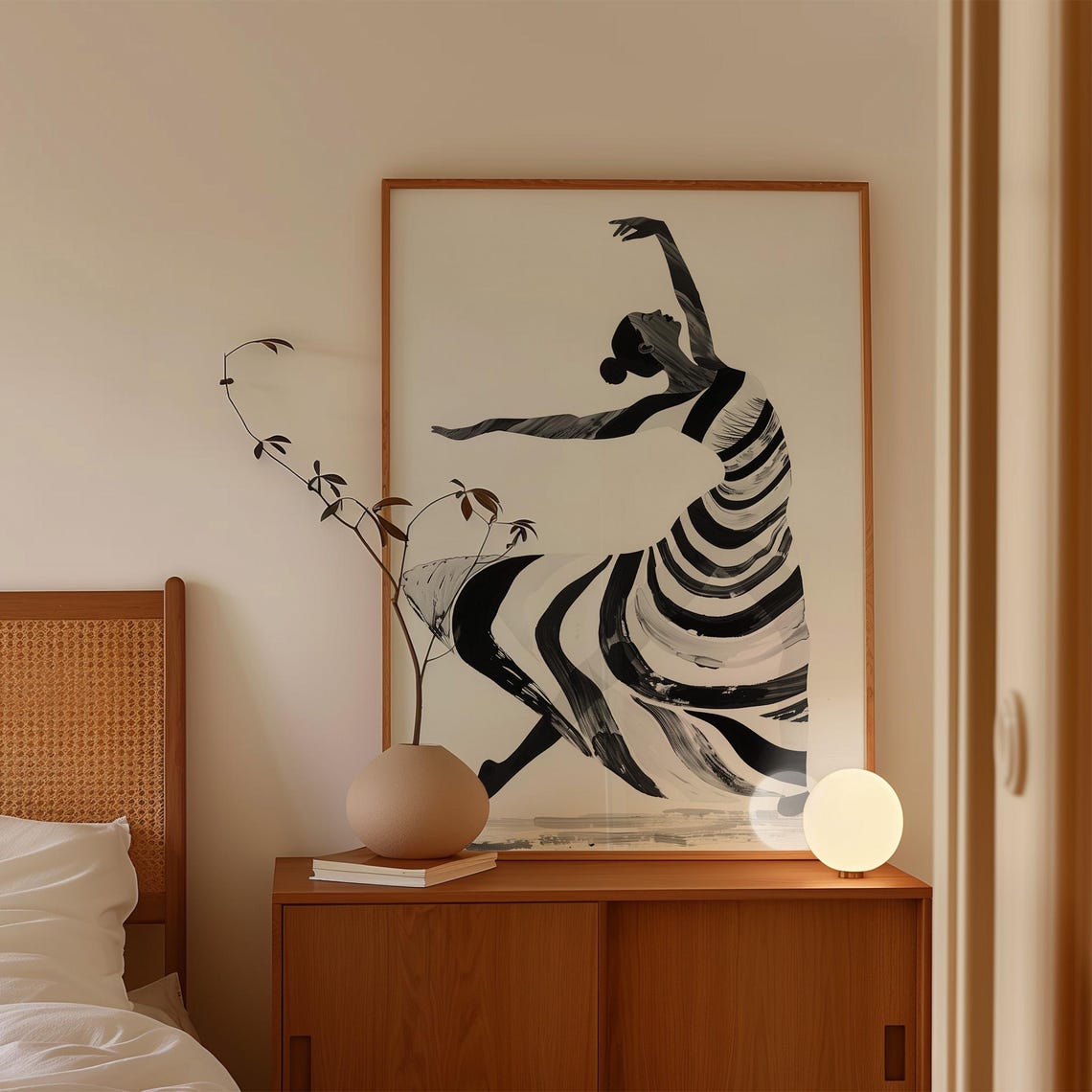 Minimalist Ballet Dancer In Striped Gown Black And White Wall Art