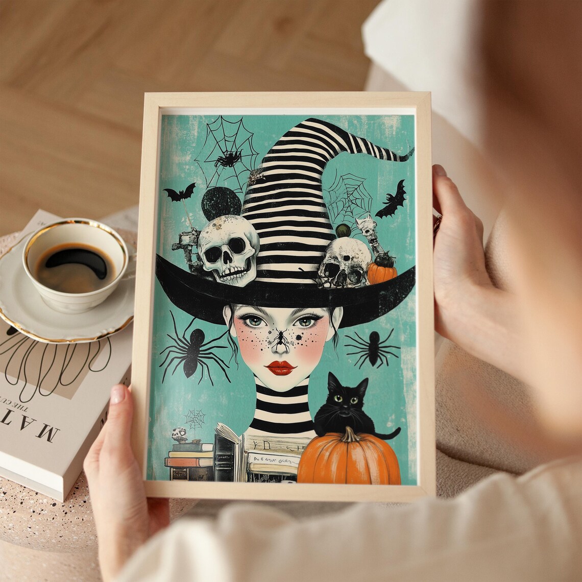 Whimsical Striped Hat Witch with Skulls Cats and Pumpkins Poster - Image 2