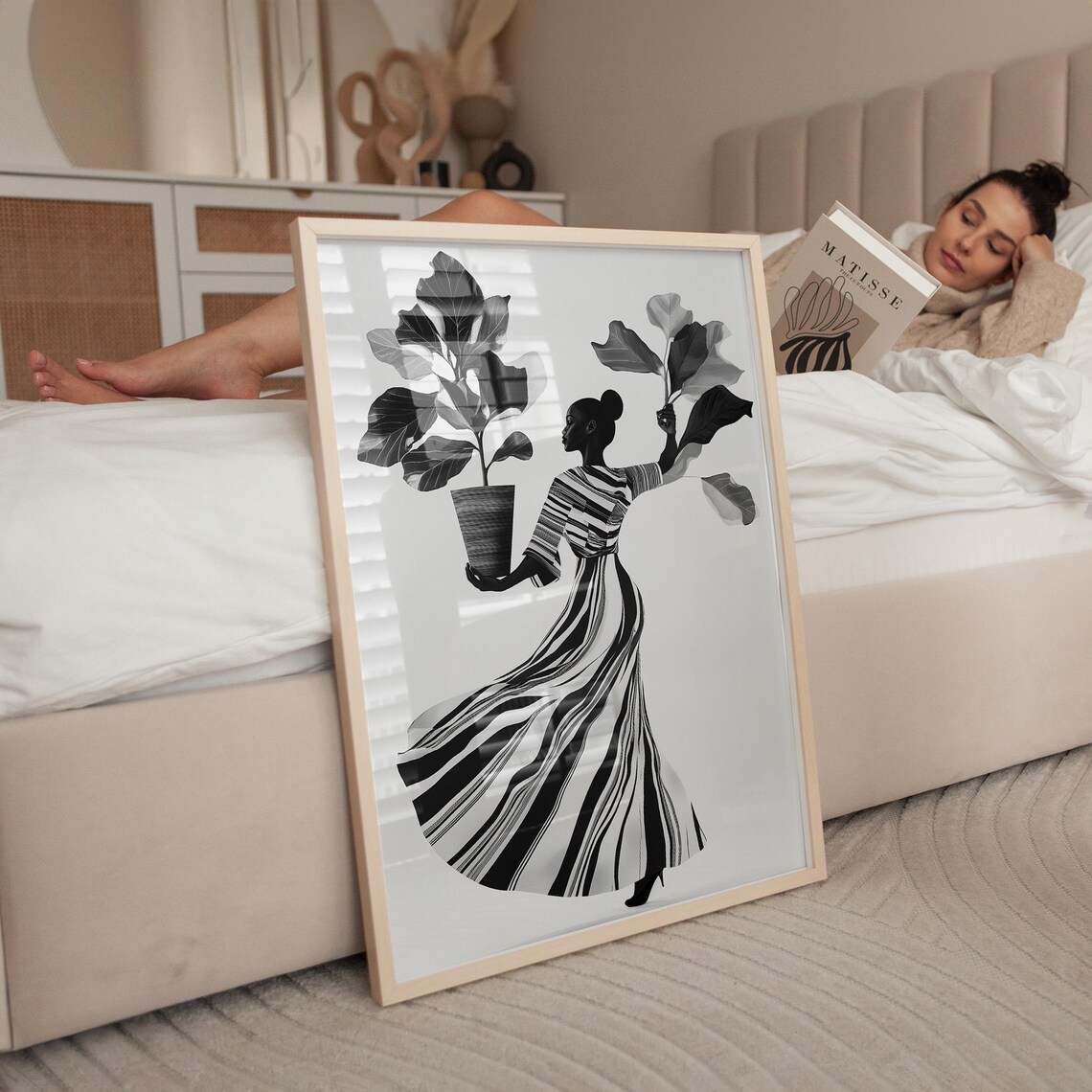 Black And White Woman Holding A Large Potted Plant Minimalist Print