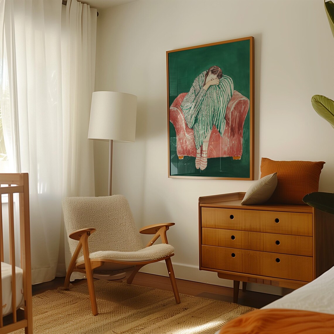 Woman Sleeping Curled in a Pink Armchair with Striped Blanket Poster - Image 3