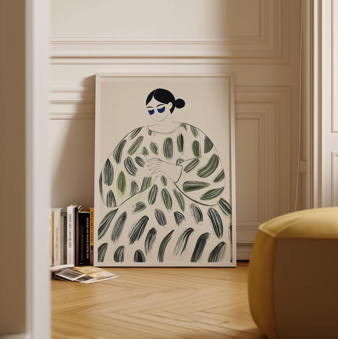 Minimalist Woman Green Patterned Dress Beige Abstract Figure Art Poster