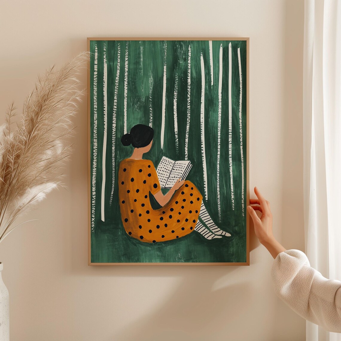 Reading In The Forest Art Print Modern Minimalist Illustration Woman In Polka Dot Dress Cozy Reading Nook Decor Nature Inspired Wall Art - Image 5