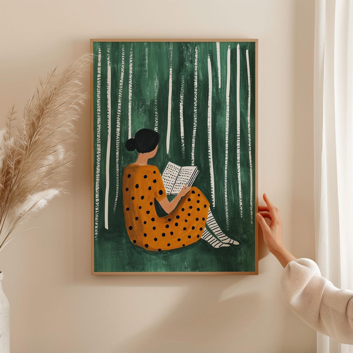 Woman Reading a Book in a Forest in a Yellow Polka Dot Dress Poster - Image 5