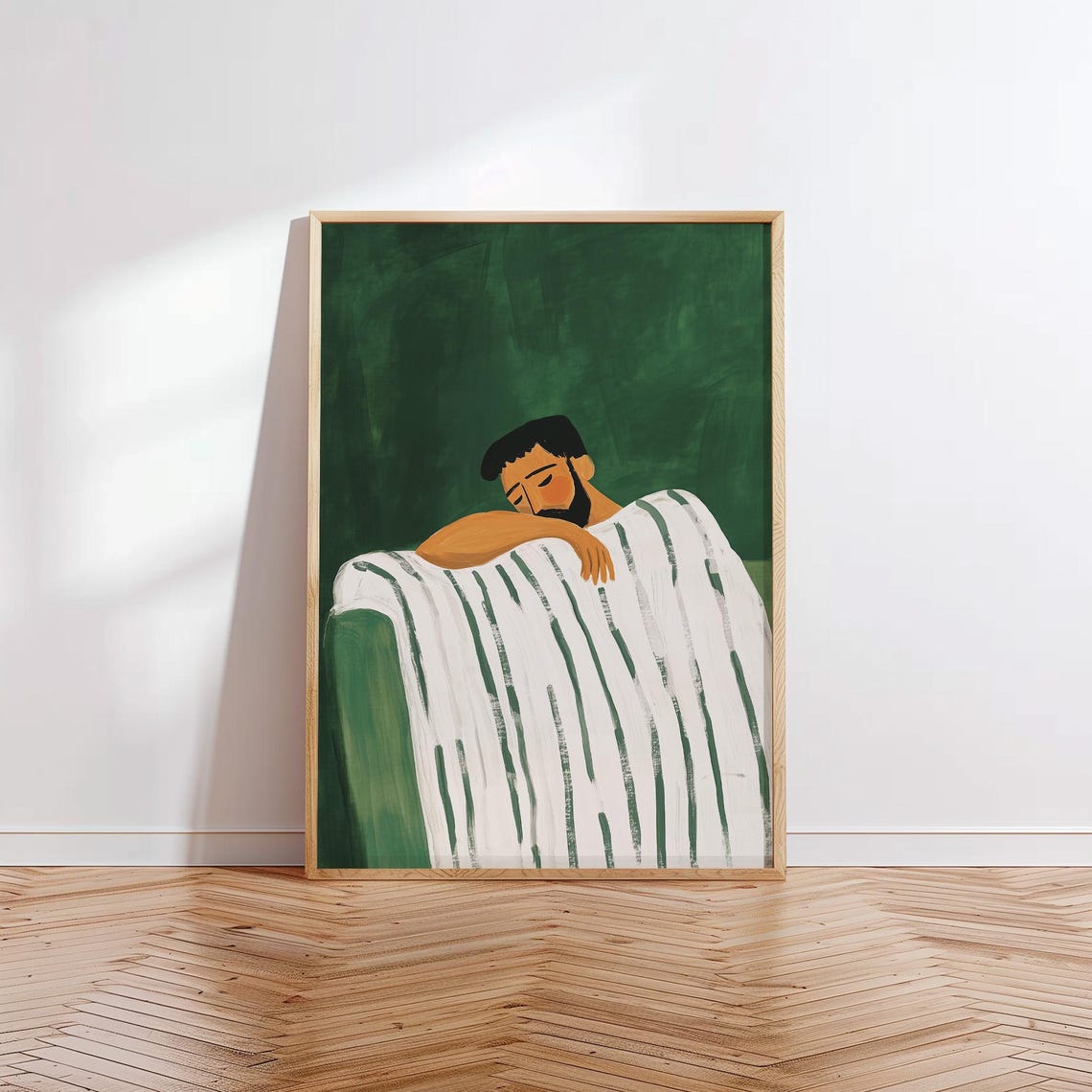 Bearded Man Sleeping Under Striped Blanket Deep Green Wall Art