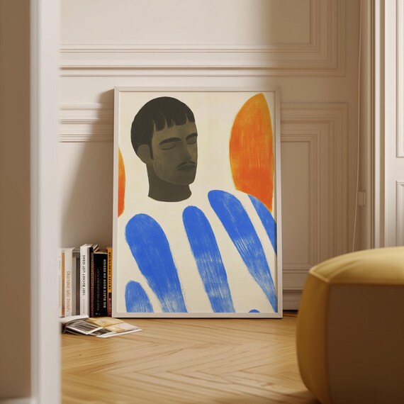 Modern Abstract Portrait Print Minimalist Face Art Blue And Orange Abstract Decor Wall Art Contemporary Boho Decor