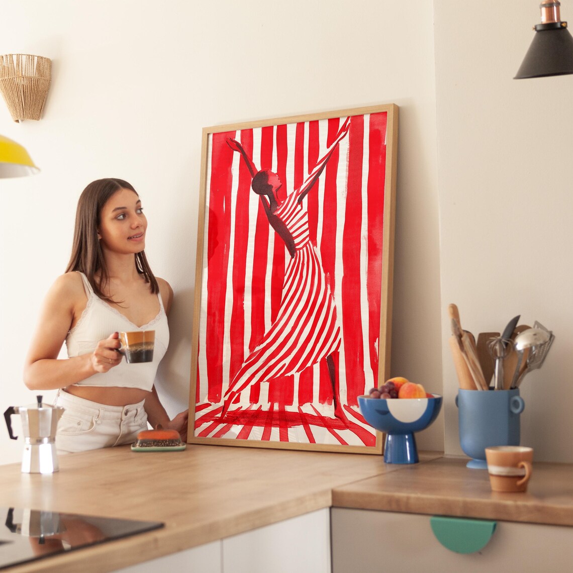 Dancing Woman in Red and White Stripes Joyful Movement Poster - Image 2