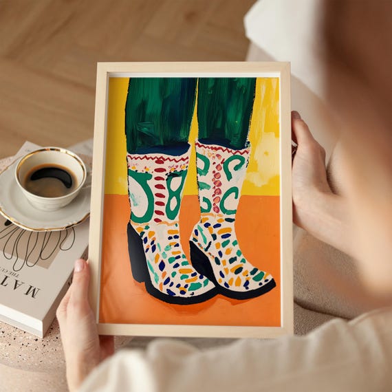 Colorful Cowboy Boots Art Print Bold Fashion Illustration Modern Abstract Footwear Decor Vibrant Green And Orange Wall Art Eclectic Style