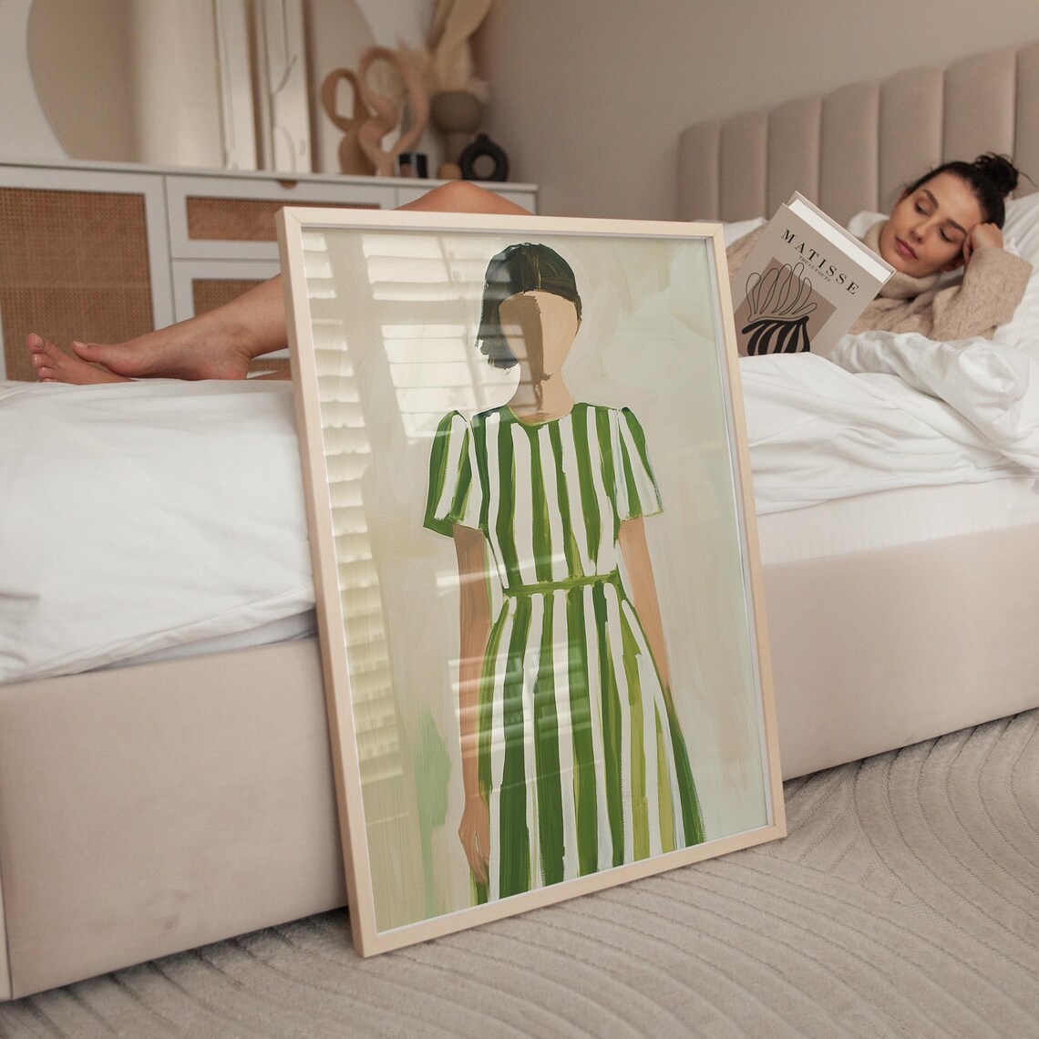 Faceless Woman in a Green Striped Dress on a Neutral Ground Poster - Image 4