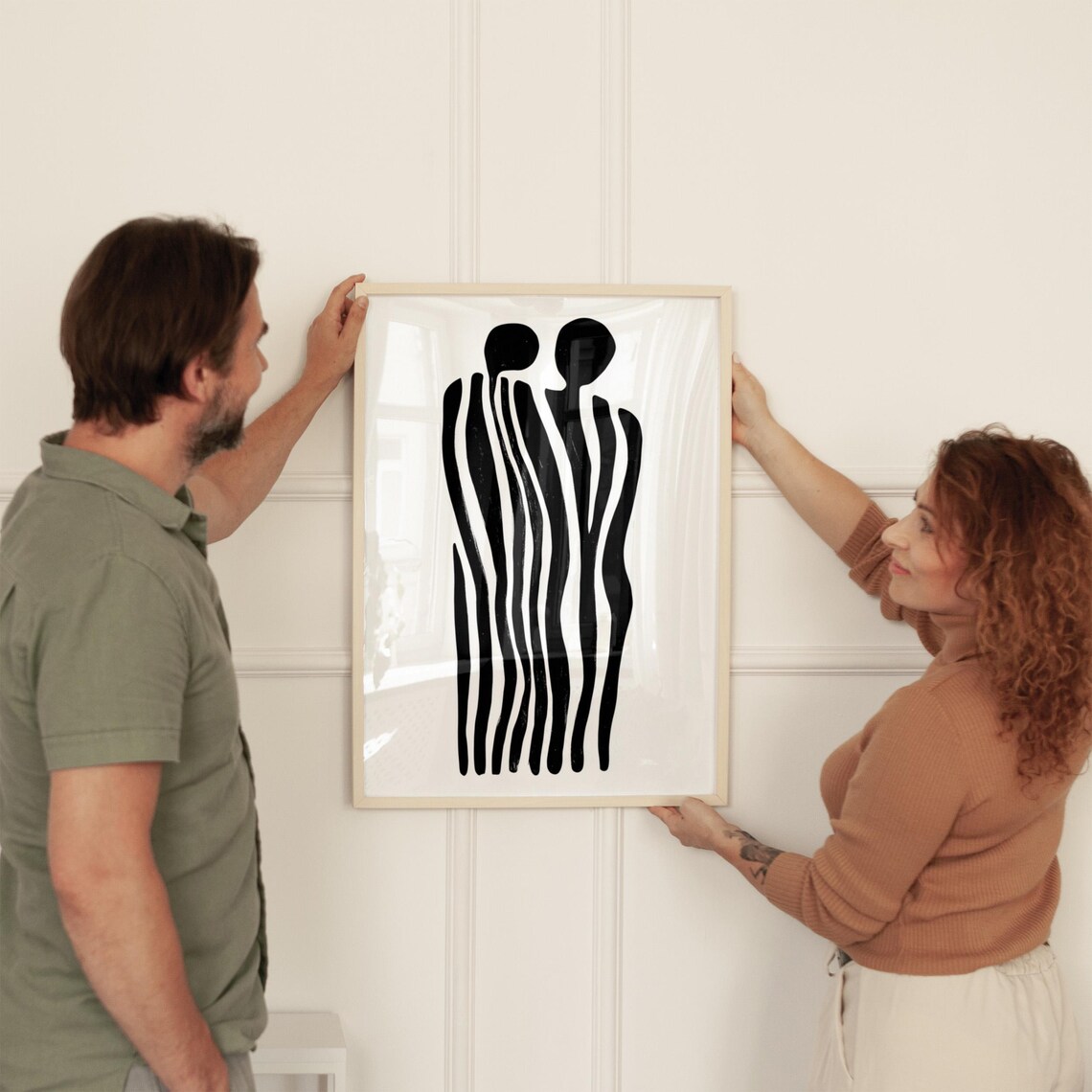 Minimalist Black And White Abstract Couple Embrace Large Wall Art