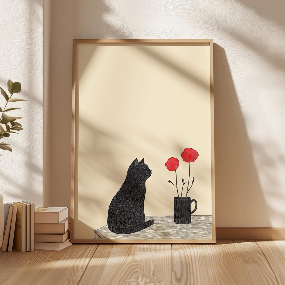 Black Cat and Red Poppies Minimalist Line Illustration Poster - Image 4