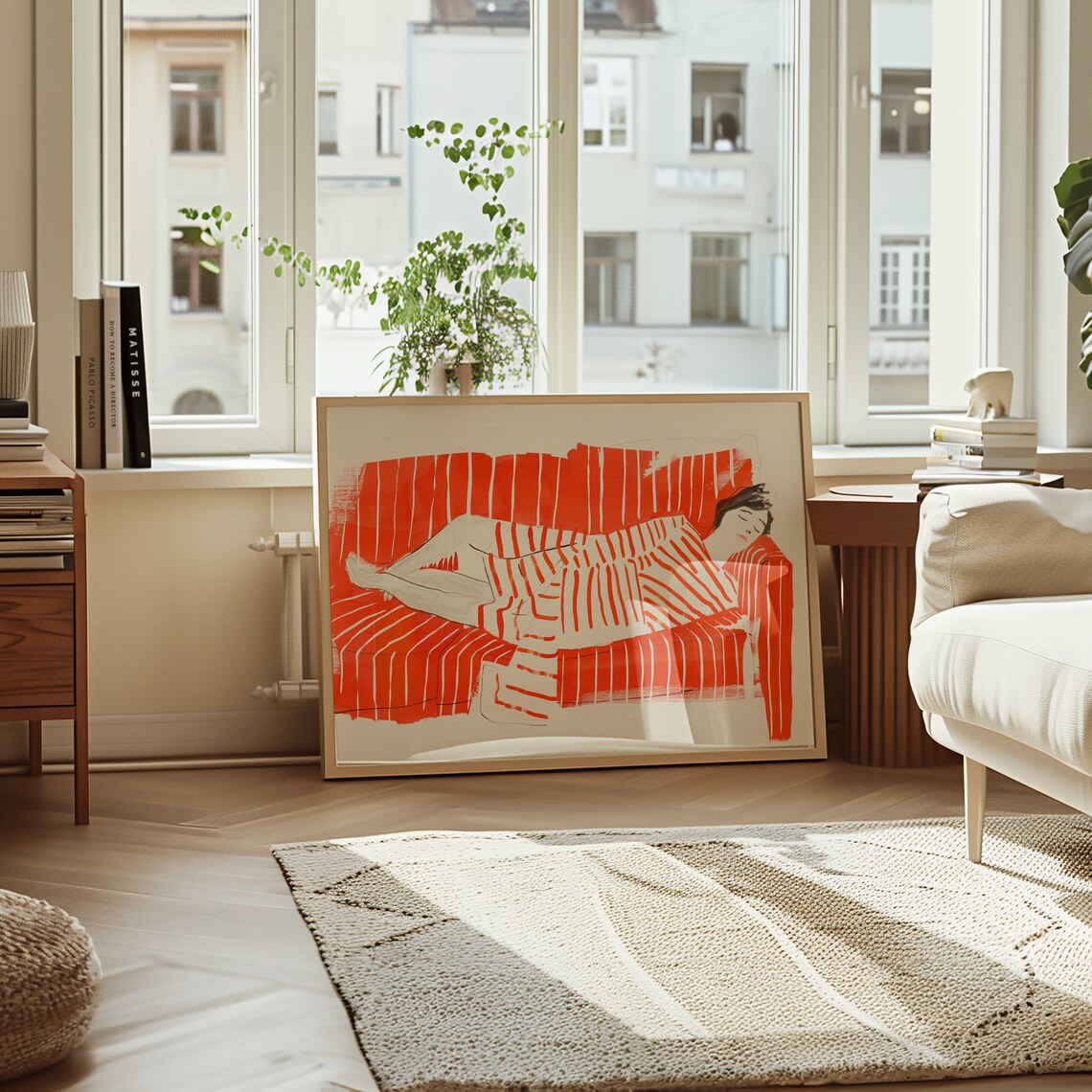 Woman Reclining Red Striped Sofa Bold Fashion Illustration Art Poster - Image 2