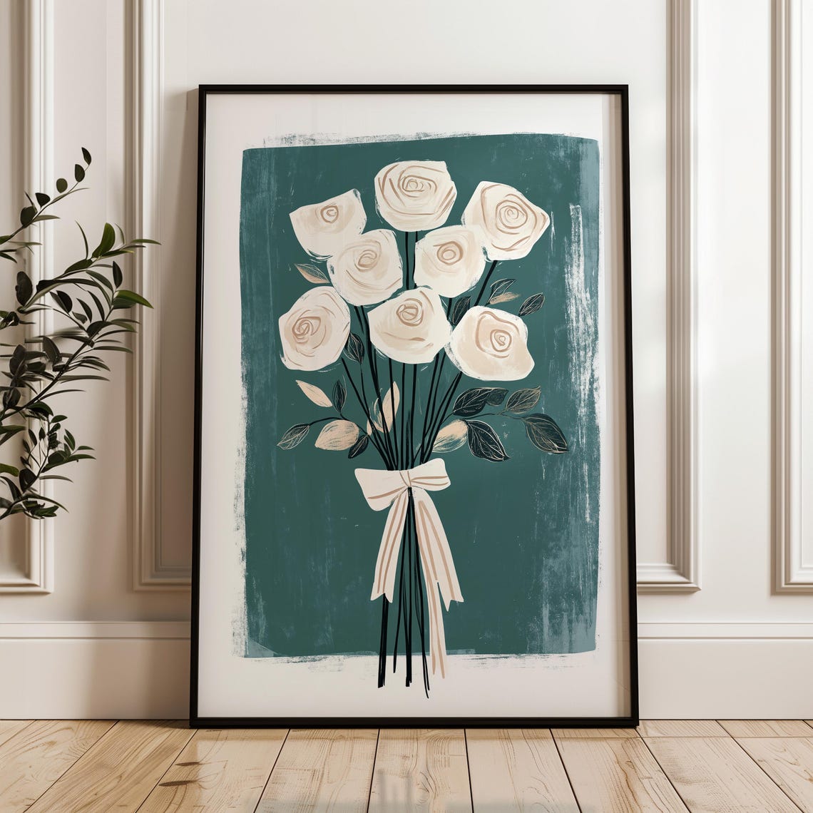 White Rose Bouquet with Ribbon Bow on Dark Teal Floral Poster - Image 4