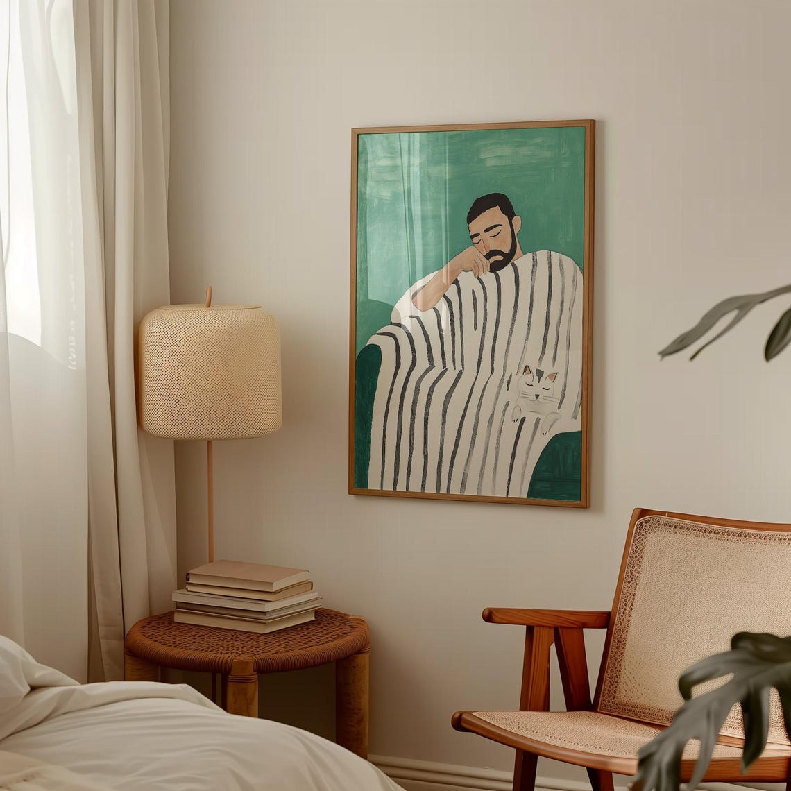 Sleeping Bearded Man With Little White Cat Cozy Green Nap Wall Art - Image 4