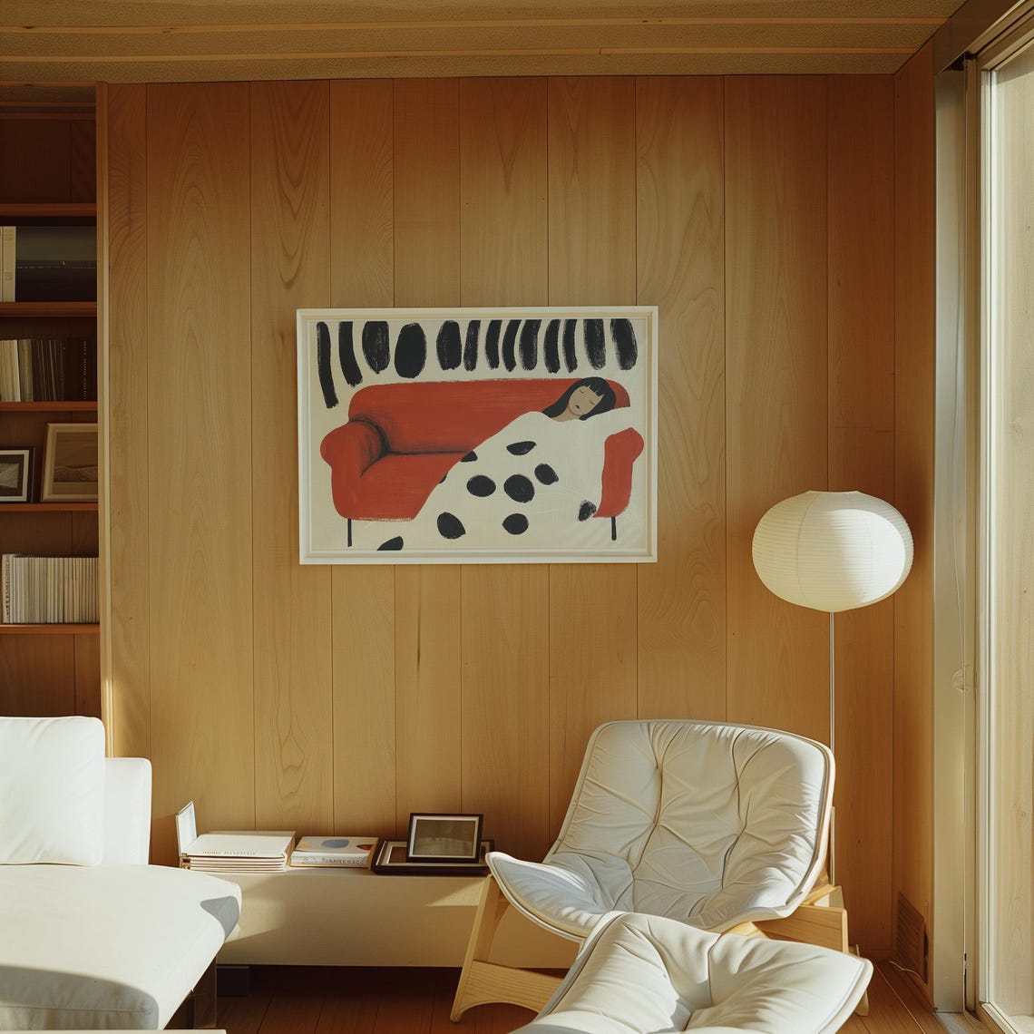 Woman Sleeping on Bold Red Couch Under Dotted Blanket Poster - Image 2
