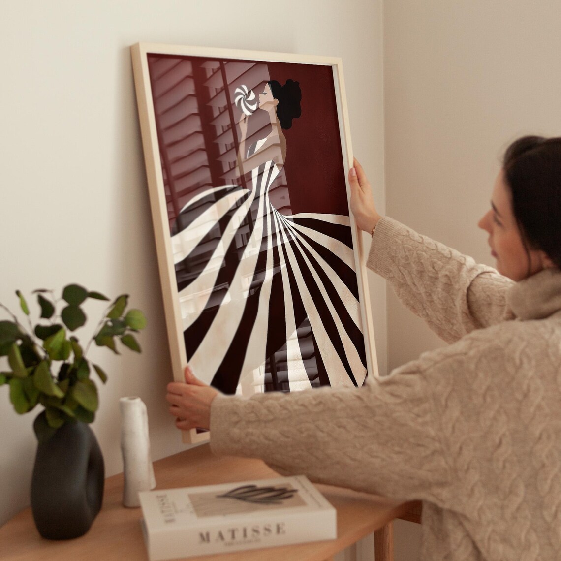 Elegant Woman In Burgundy Striped Gown Holding Lollipop Wall Art - Image 2
