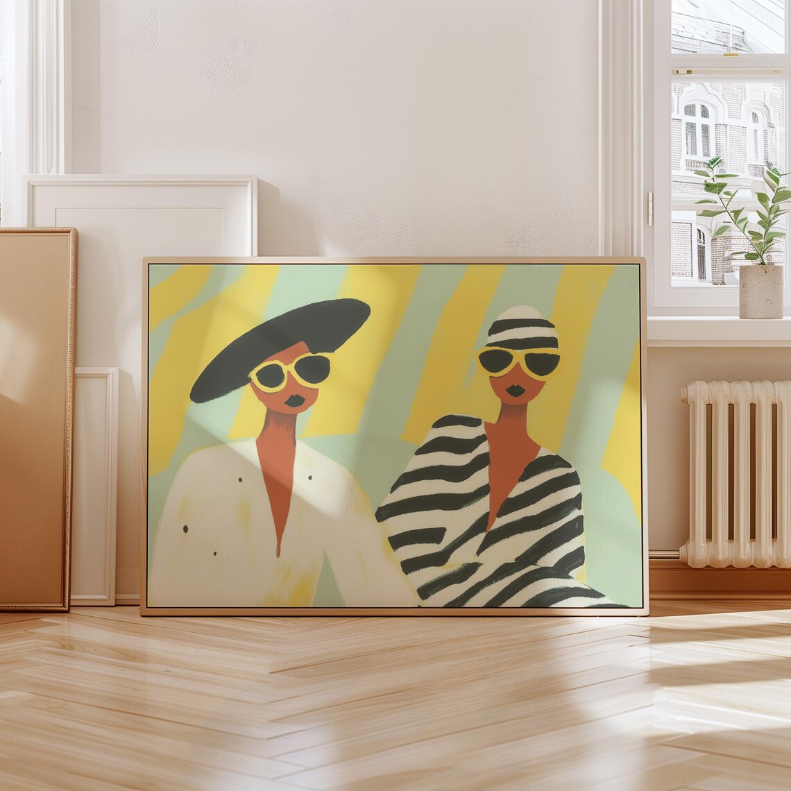 Two Stylish Women in Sunglasses Yellow Mint Striped Glam Poster - Image 5