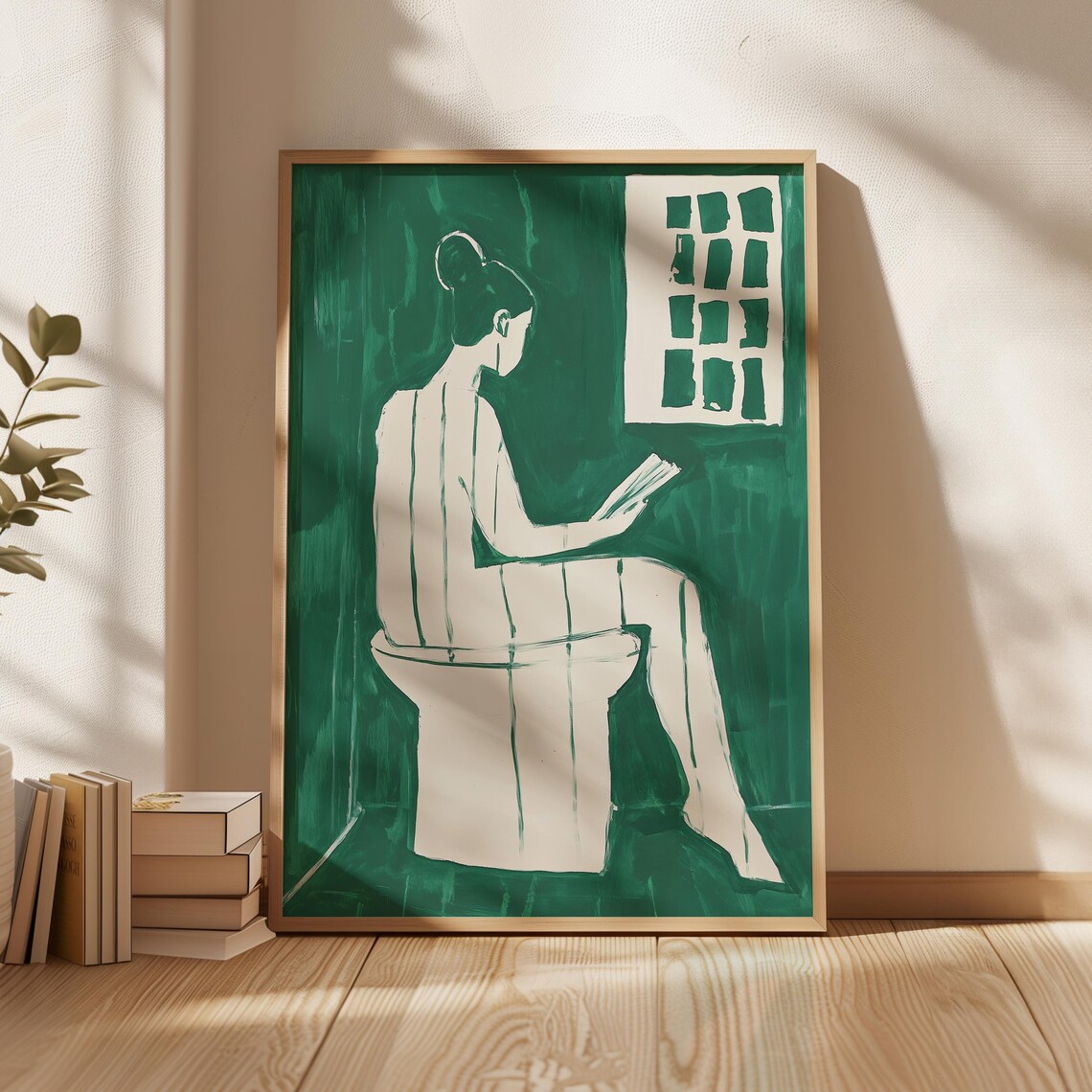 Minimalist Line Art Woman Reading On Toilet, Bathroom