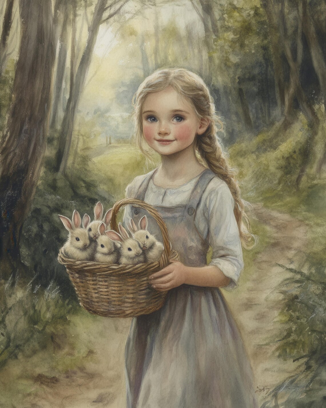Little Girl Holding Basket Of Baby Bunnies In The Forest Poster - Image 3