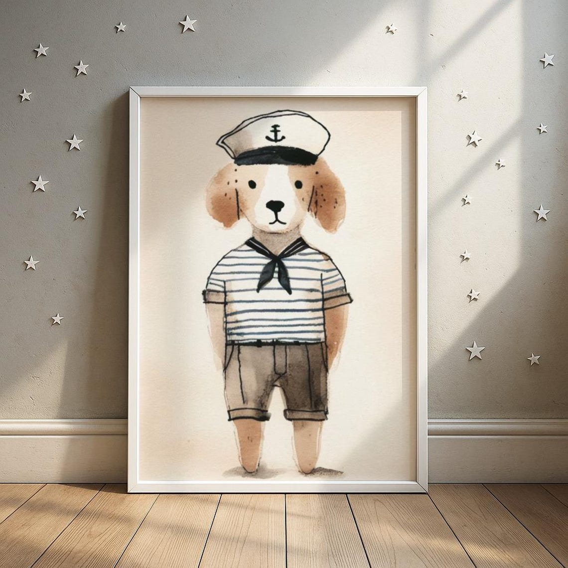 Nautical Sailor Puppy in Captain Hat Striped Shirt Kids Poster