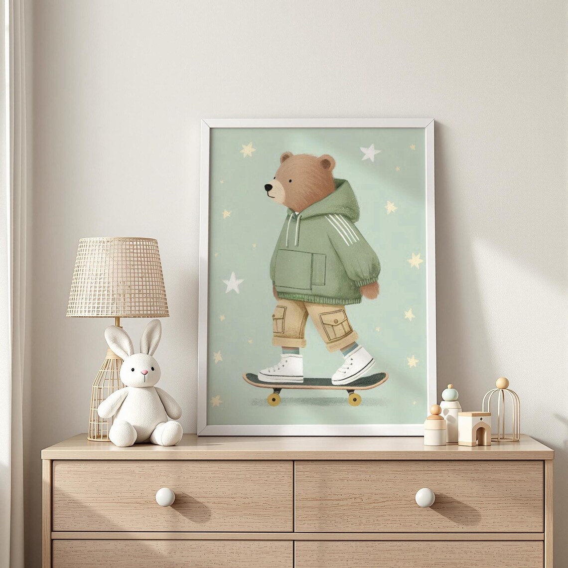 Brown Bear Skateboard Green Hoodie Starry Kids Room Nursery Poster