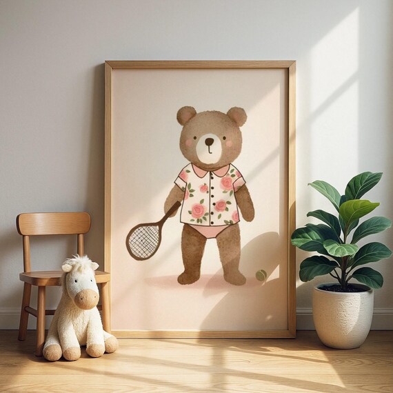Cute Brown Bear Tennis Player in Floral Shirt Kids Room Wall Art