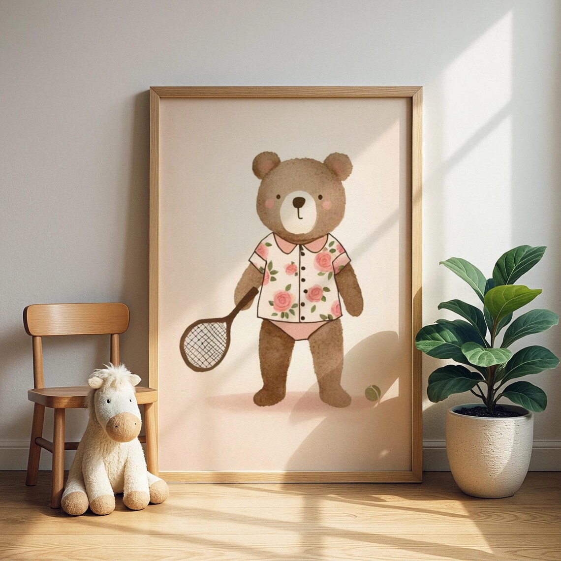 Cute Brown Bear Tennis Player in Floral Shirt Kids Room Wall Art