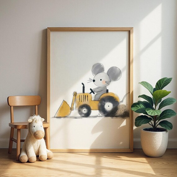 Tractordriving Mouse Nursery Art Little Operating Backhoe Illustration Baby Room Decor