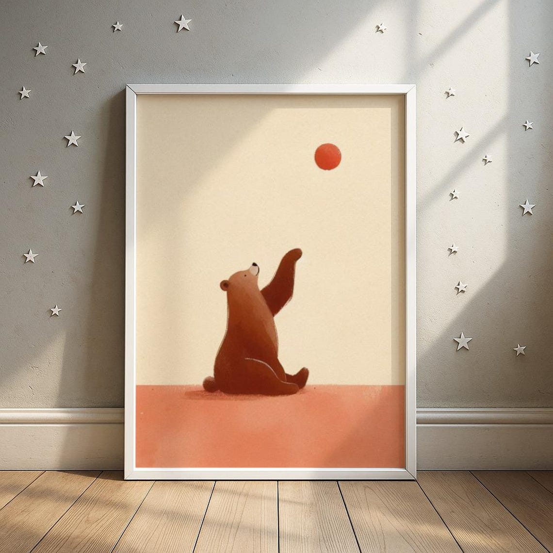 Baby Bear Reaching for the Red Sun Minimalist Nursery Room Poster