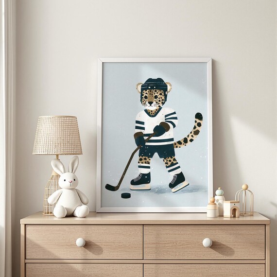 Leopard Ice Hockey Player with Helmet and Stick Nursery Poster