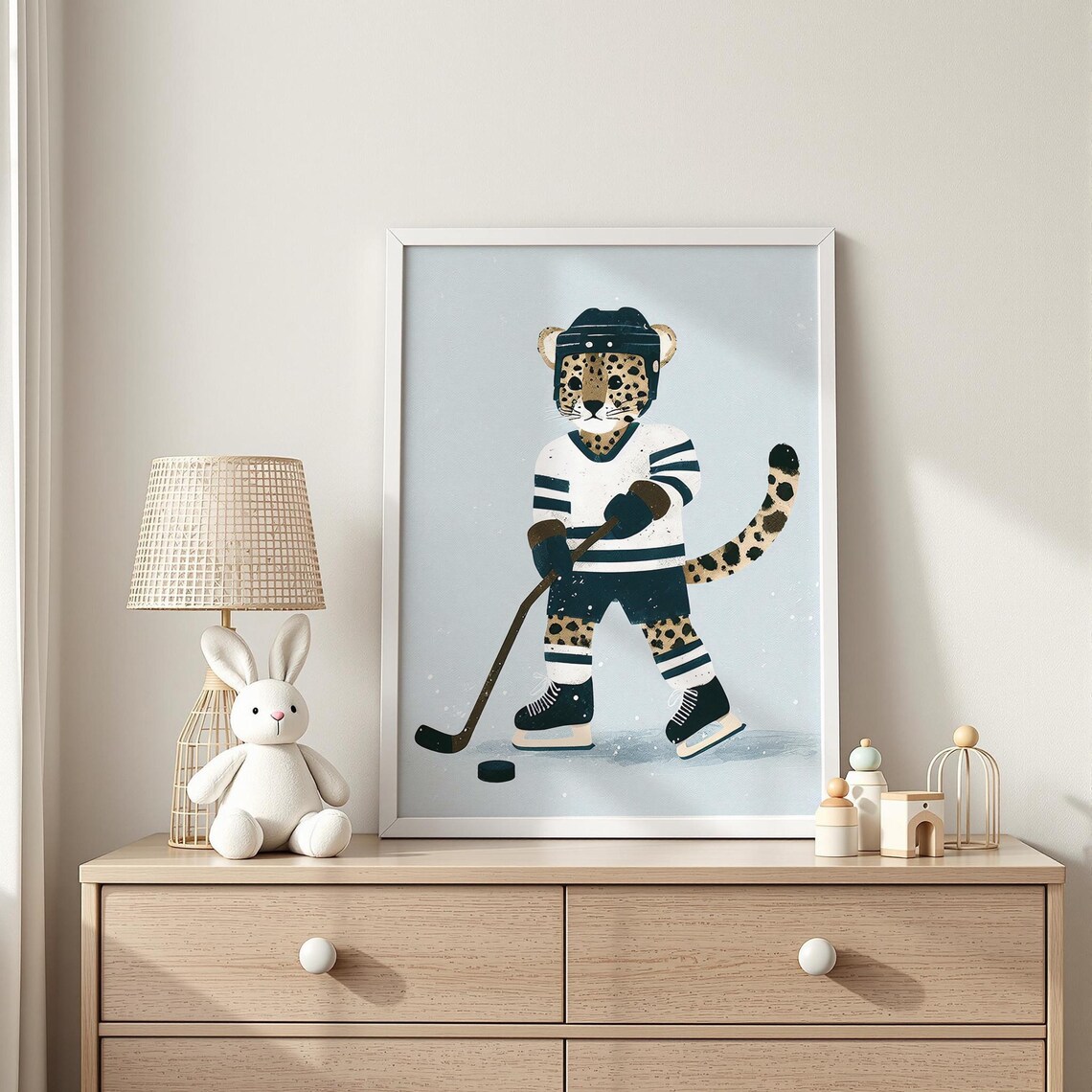 Leopard Ice Hockey Player with Helmet and Stick Nursery Poster