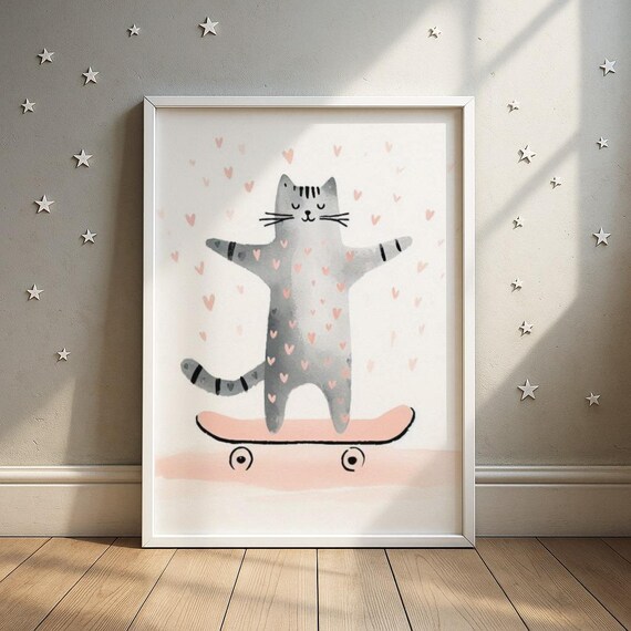 Adorable Cat Riding Pink Skateboard With Hearts Nursery Poster