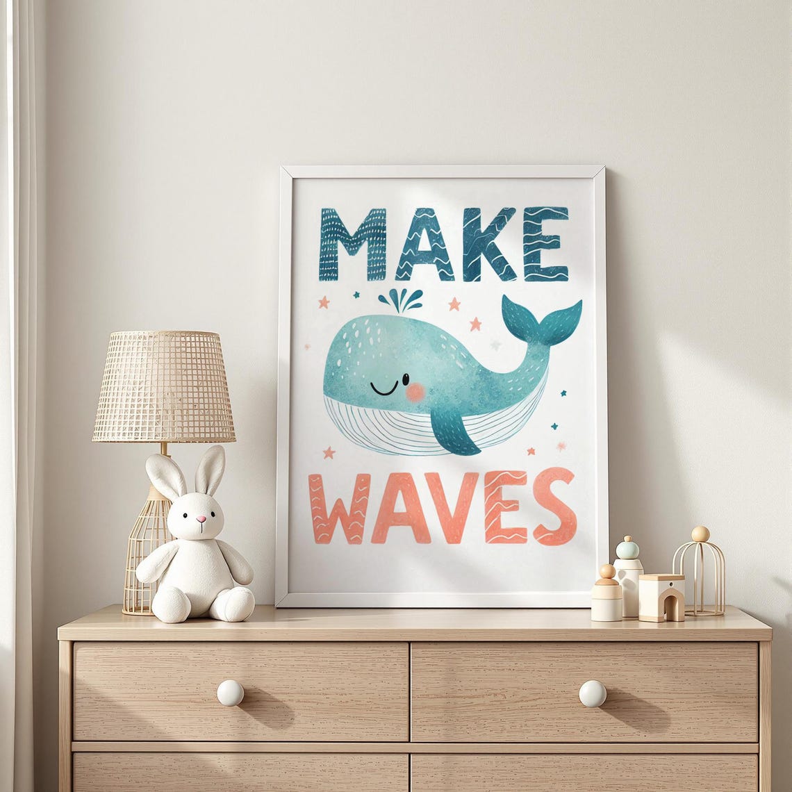 Make Waves Smiling Blue Whale Ocean Quote Nursery Wall Poster