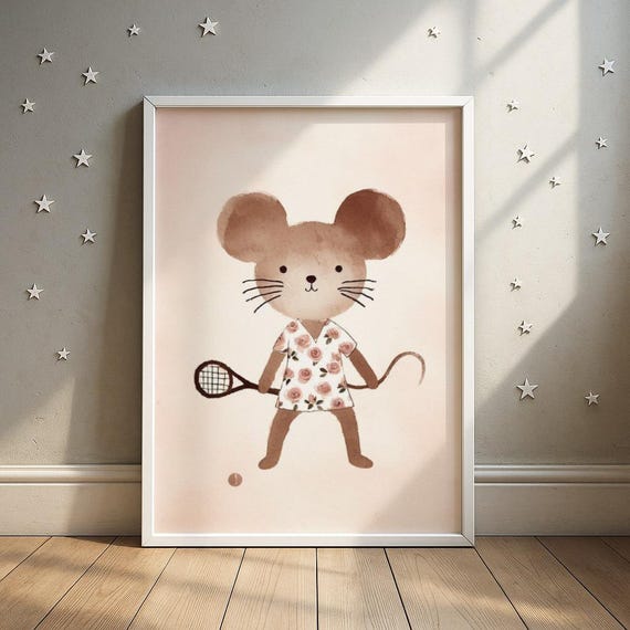 Tennis Playing Mouse Print Floral Outfit Illustration Toddler Sports Room Decor