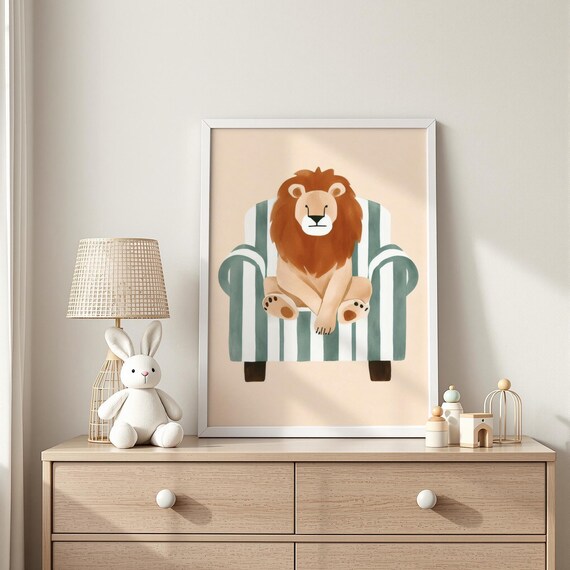 Relaxed Lion Sitting in a Green Striped Armchair Nursery Poster