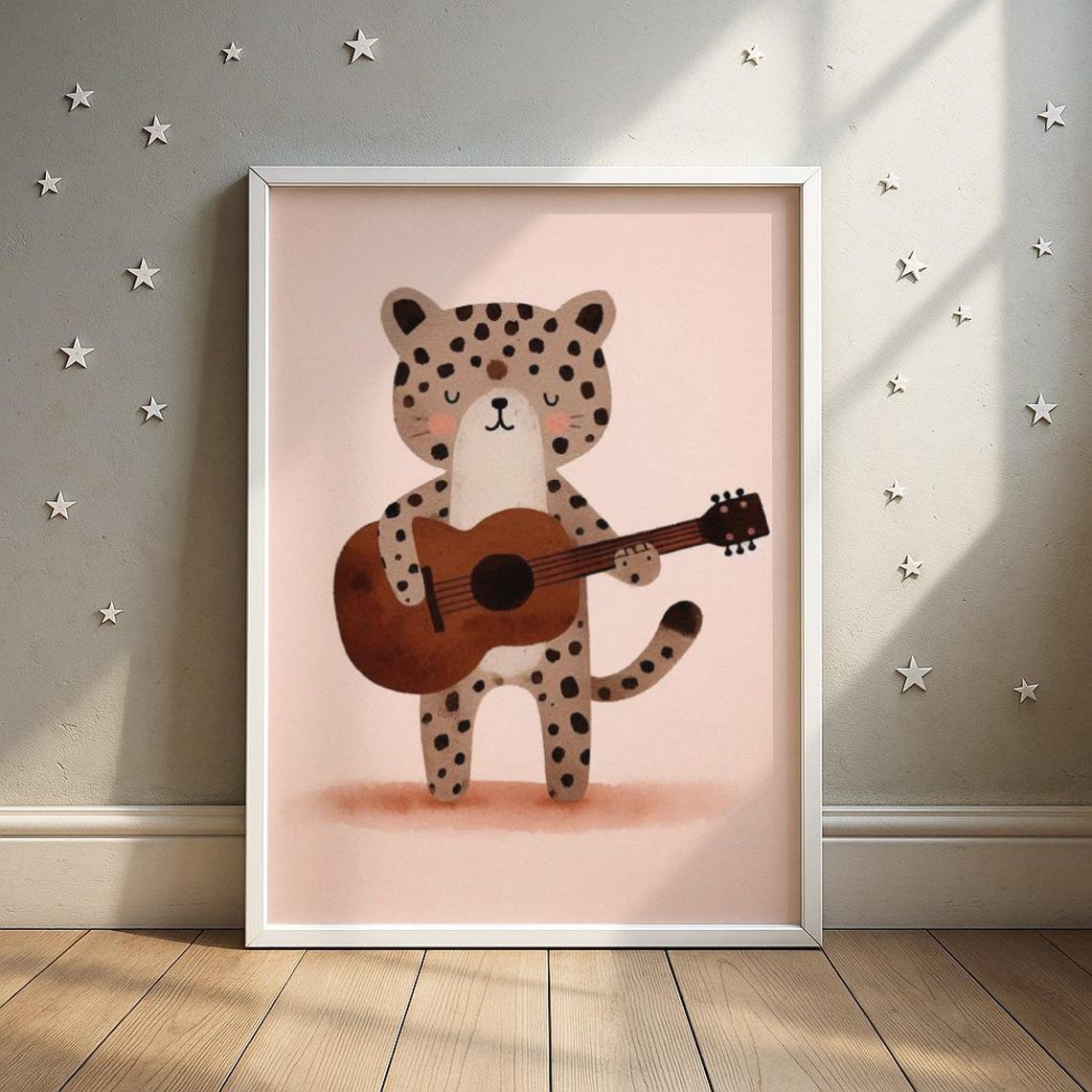 Adorable Baby Leopard Playing Acoustic Guitar Nursery Wall Art