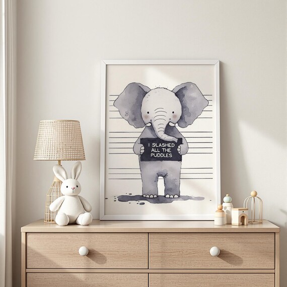 Funny Elephant Mugshot Holding a Sign Kids Room Humor Wall Art
