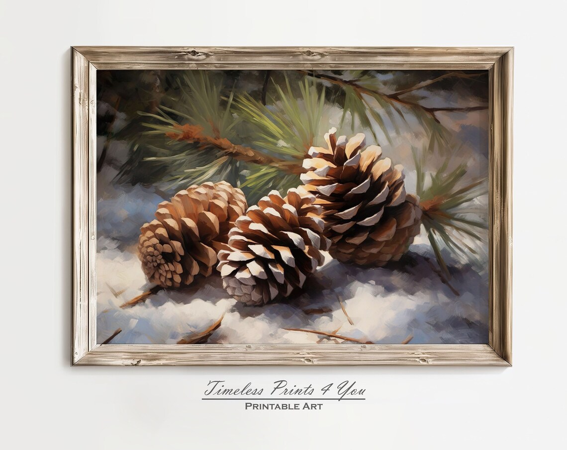 Snowy Pine Cones Branch Winter Oil Painting Christmas Wall Art