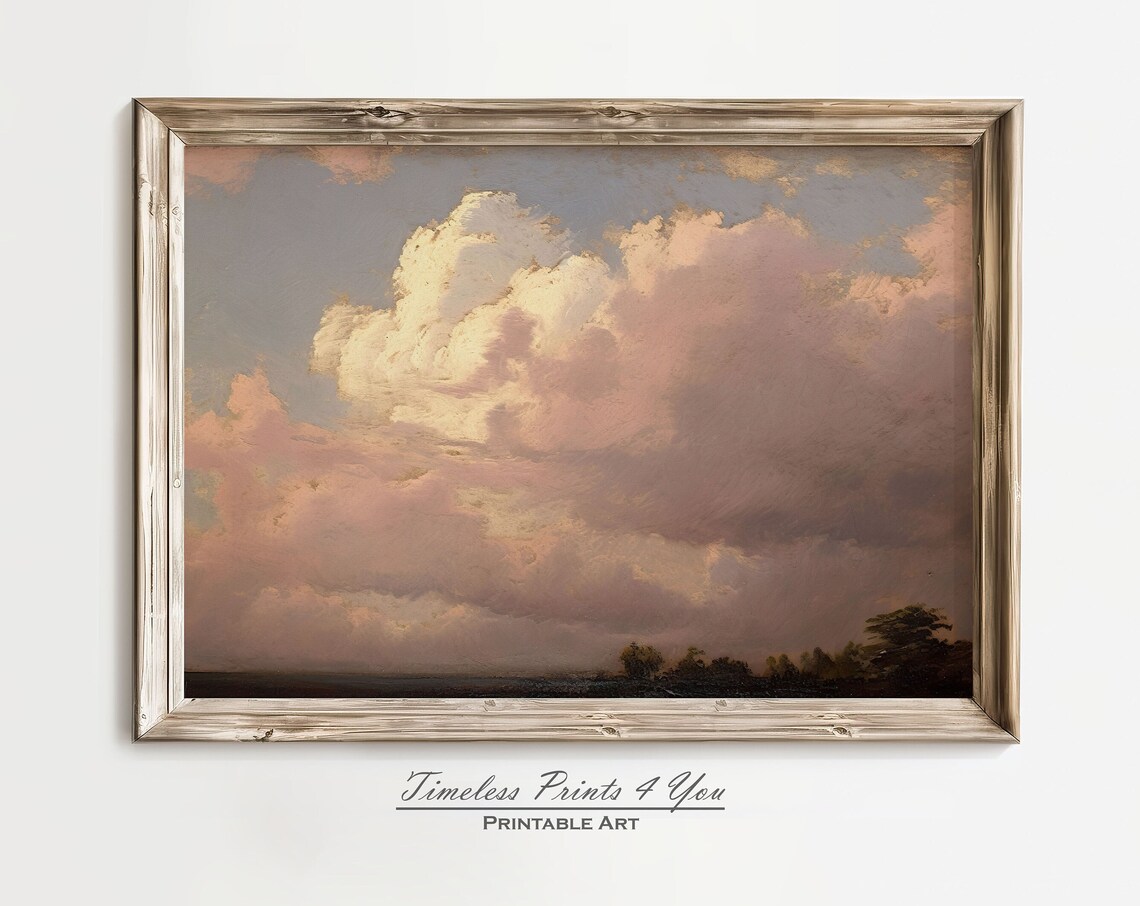 Pink Sunset Clouds Vintage Landscape Painting Romantic Sky Poster