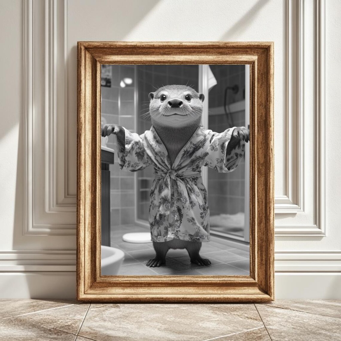 Black And White Otter In Bathrobe, Bathroom Art