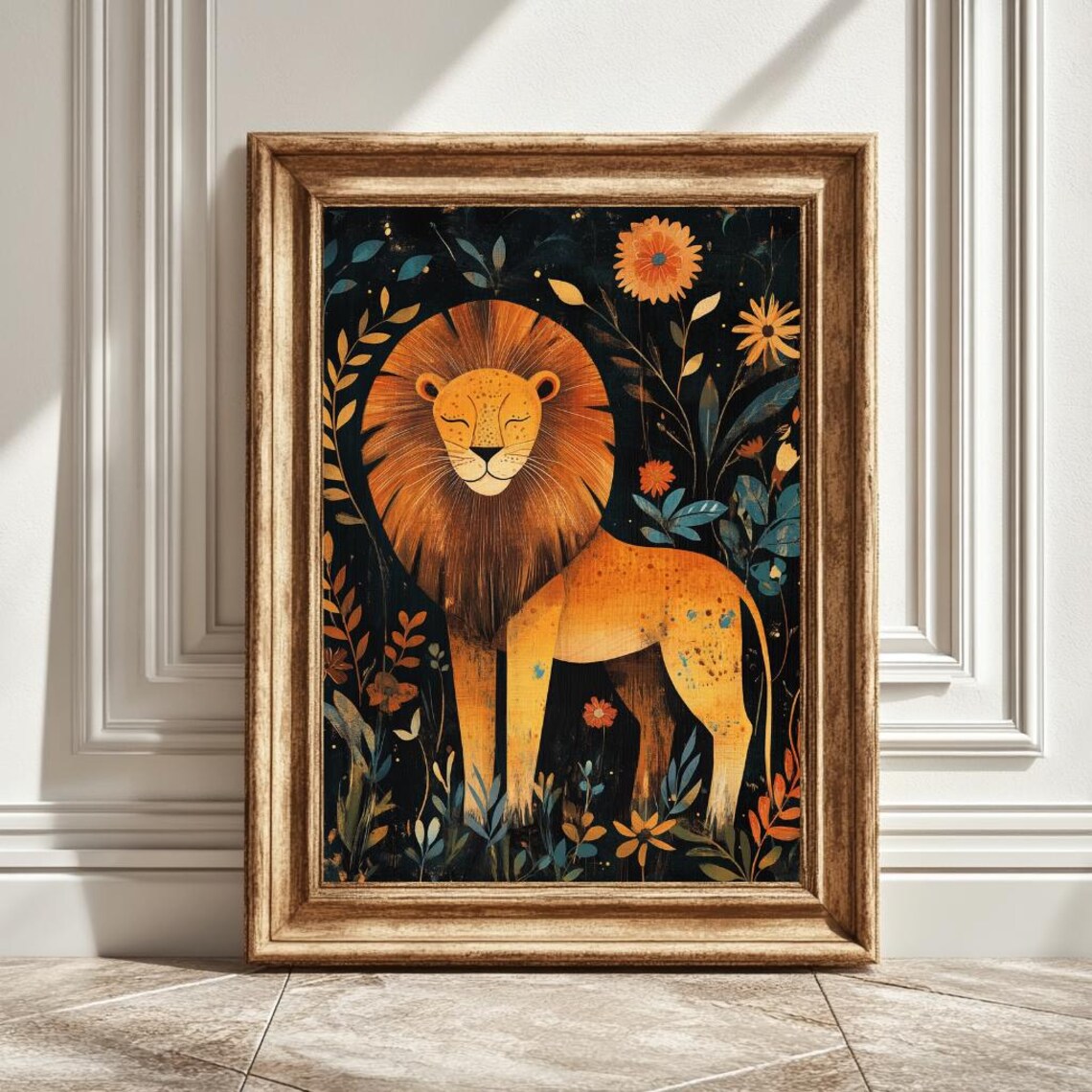 Boho Style Lion Portrait, Mid-Century Vintage Art