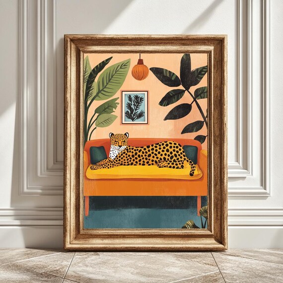 Leopard On Couch, Boho Style Art Print