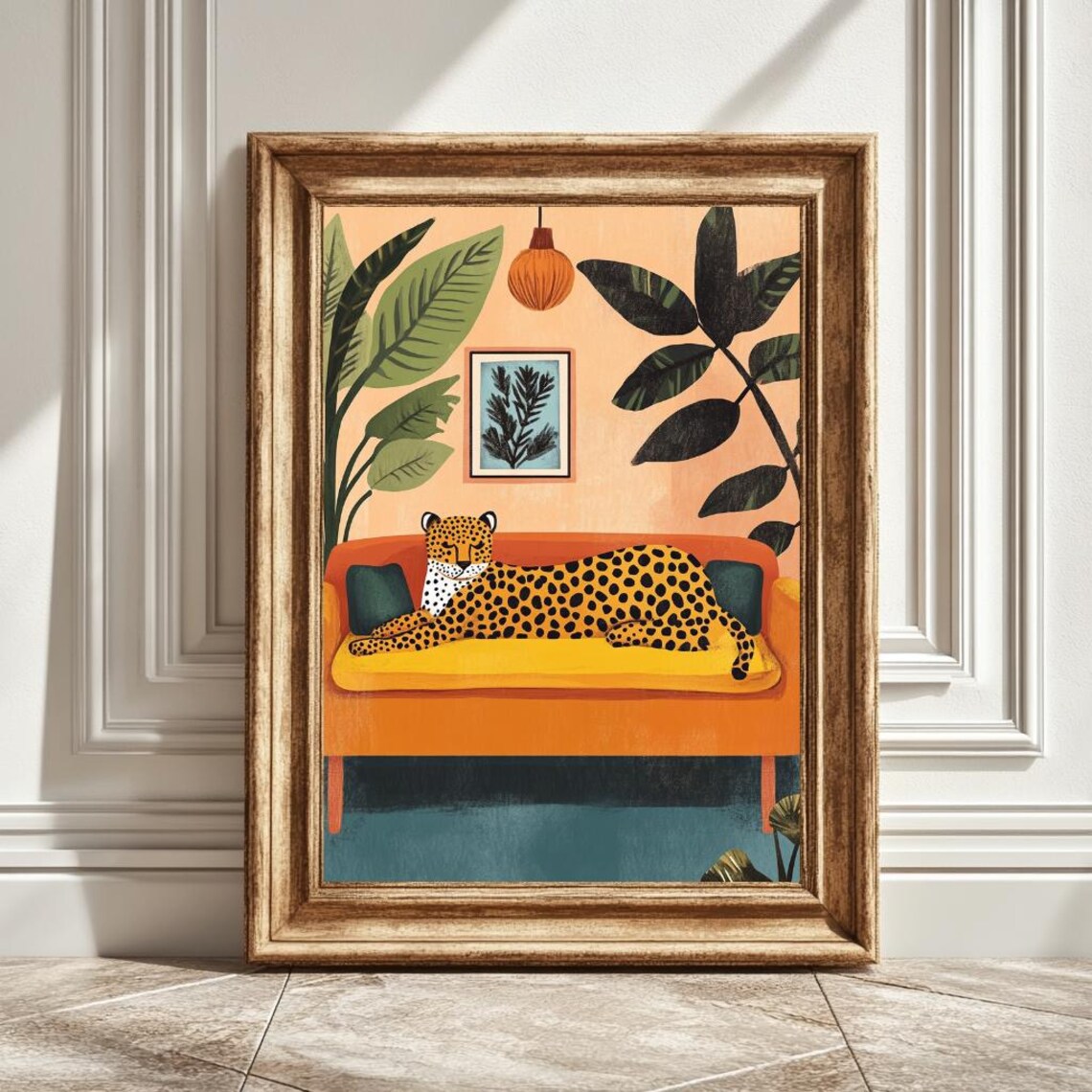 Leopard On Couch, Boho Style Art Print