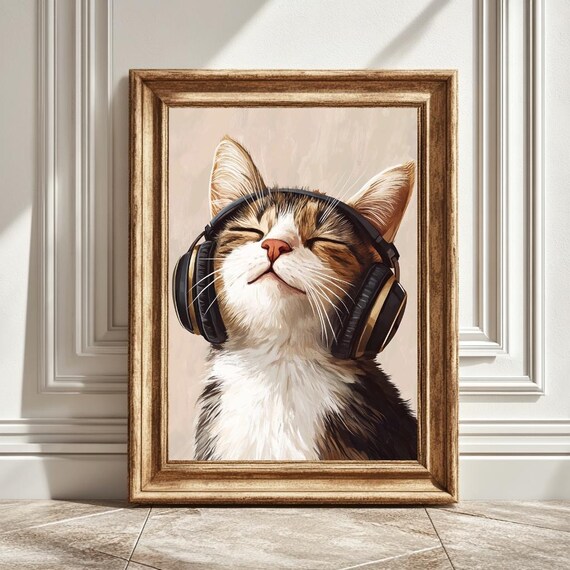 Cat With Headphones, Retro Music Lover Decor