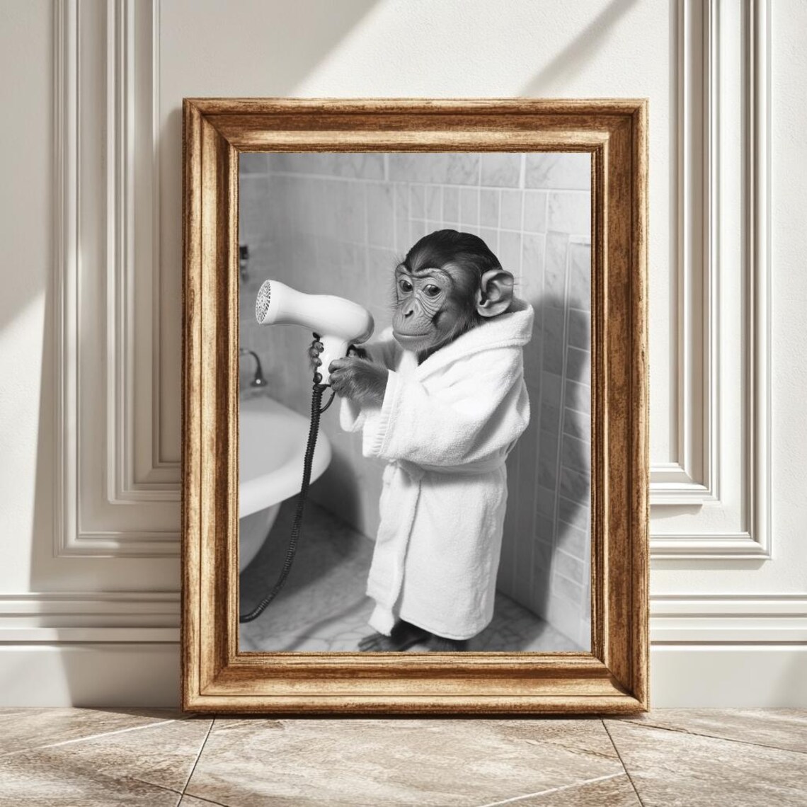 Monkey In Bathrobe, Spa Themed Bathroom Art Print